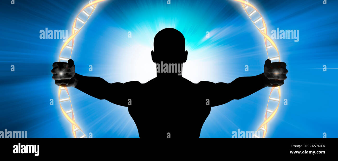Mann hält Helix Modell der DNA Stockfoto