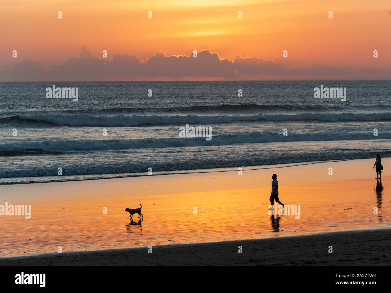 Silhouette von Mensch und Hund zu Fuß am Strand, Seminyak, Kuta, Bali, Indonesien Stockfoto