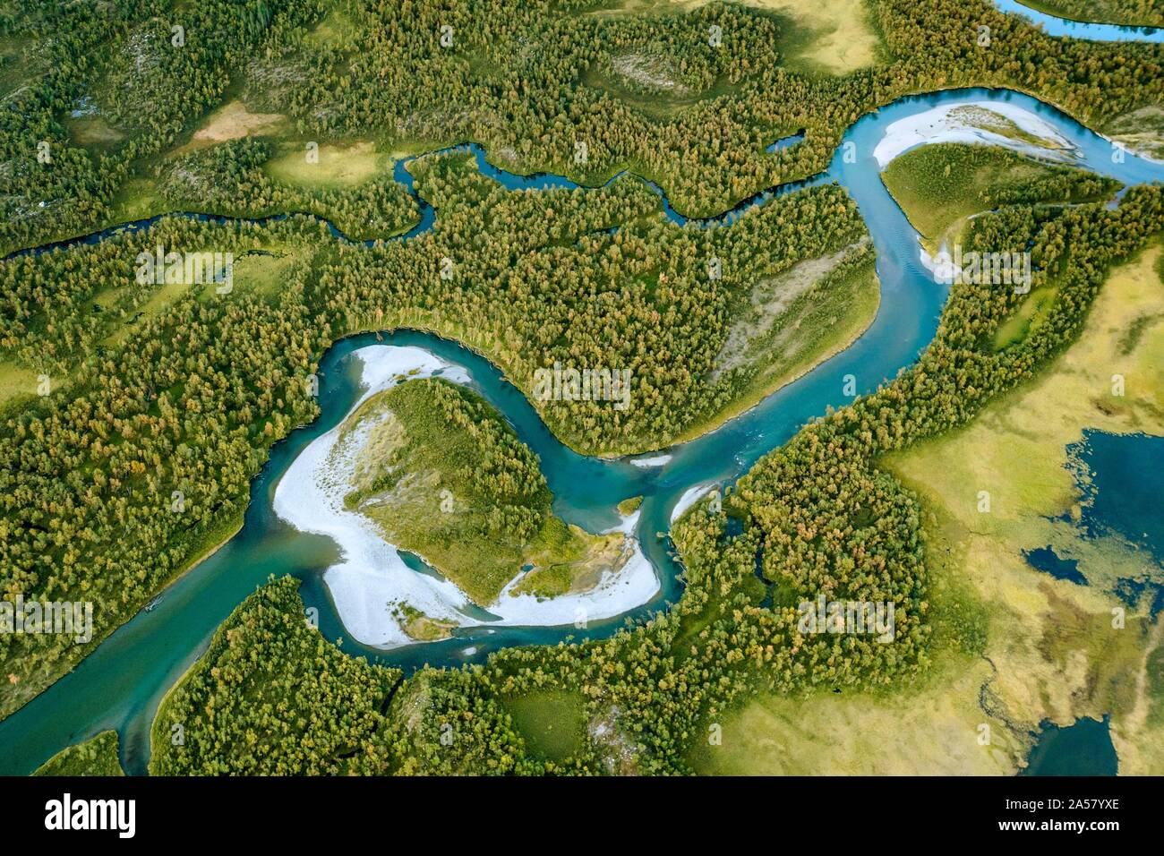 Luftaufnahme, mäandernden Fluss Landschaft im Rapa Tal in der Nähe von Kebnekaise, Sarek Nationalpark, Norrbottens Lan, Schweden Stockfoto