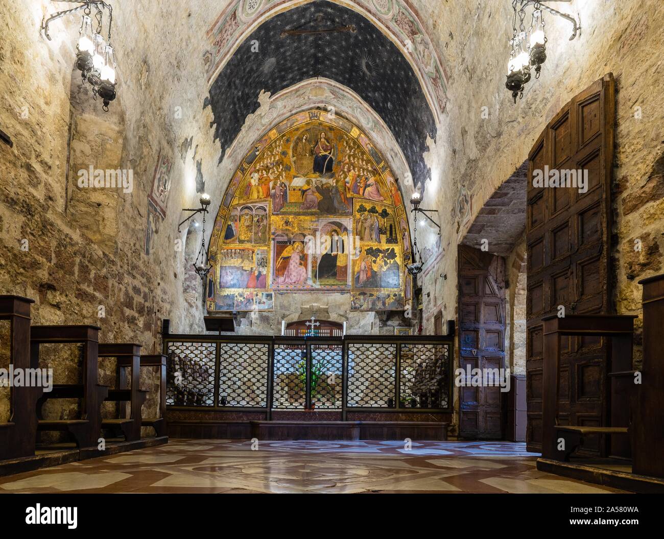 Portiunkula oder portiunkula Kapelle, Altargemälde von Ilario da Viterbo, 1393, Basilika Santa Maria degli Angeli, Assisi, Provinz Perugia, Umbrien Stockfoto