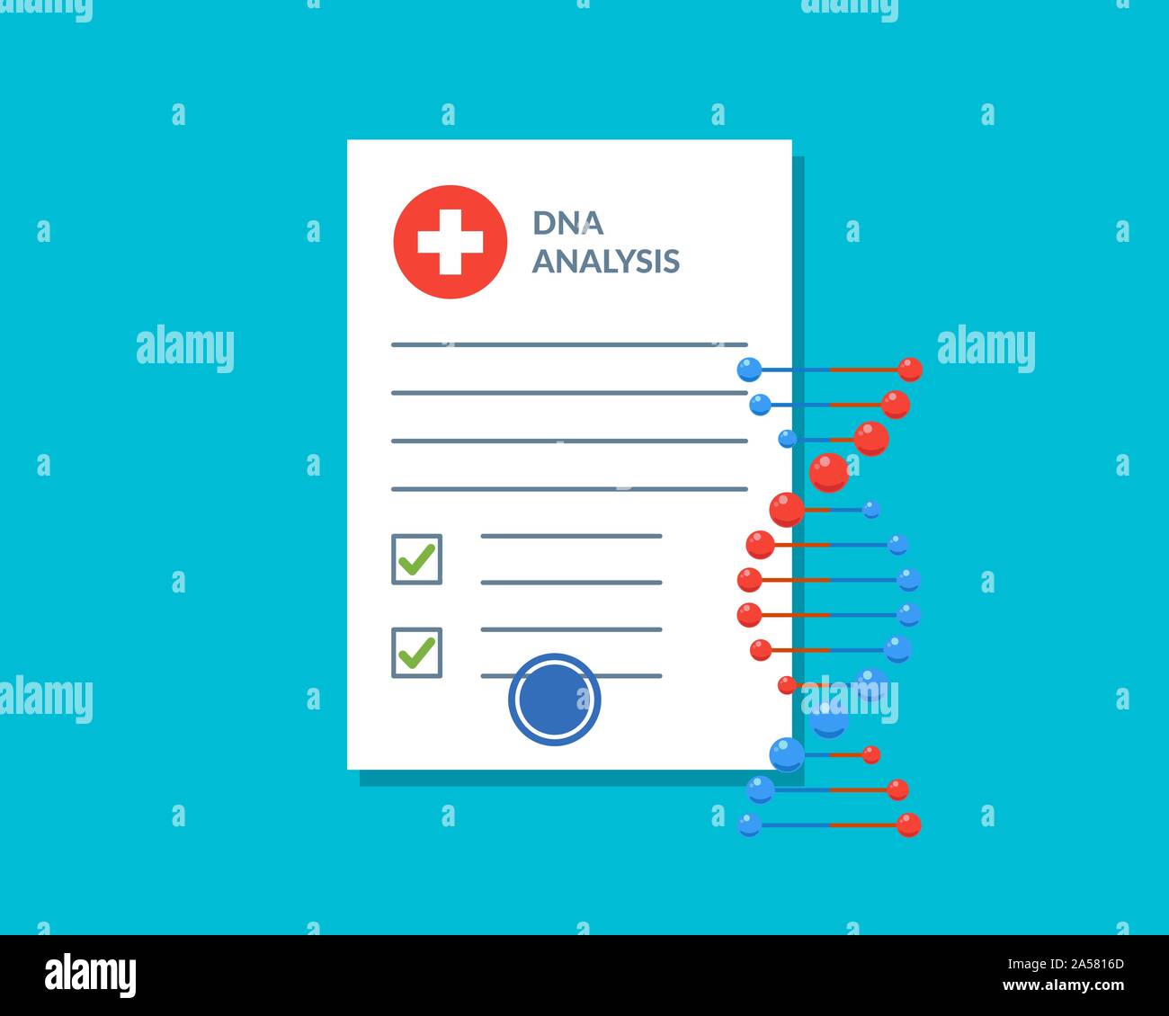 DNA-Analyse Testergebnis Dokument Checkliste leer mit molekularer Struktur Desoxyribonukleinsäure Spirale. Wissenschaftliche Berichtseite für Patienten im medizinischen Labor. Genetische Information Vektor blaue Farbe Illustration Stock Vektor