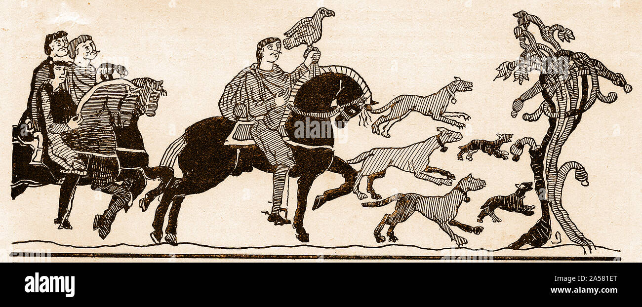 1930 Illustration (vom Teppich von Bayeux), einem sächsischen Adligen und seinem Gefolge, Hawking (Jagd) Stockfoto