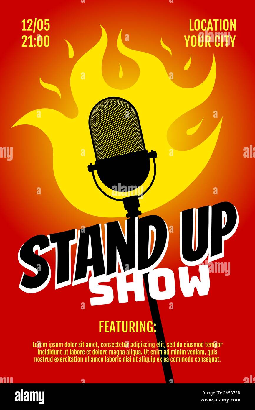Stand up Comedy Night Live Show A3 A4 Poster design Vorlage. Retro Feuer Mikrofon auf roten Hintergrund Farbverlauf. Hot Witze braten Konzept Flyer. Vektor Stock Vektor