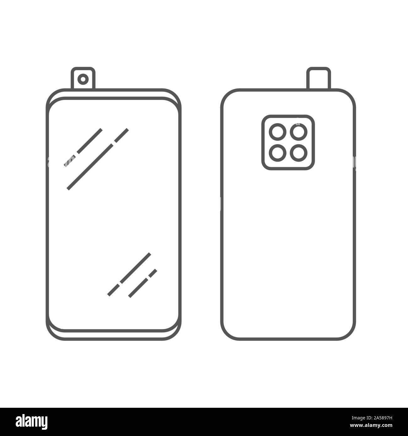 Lineare Abbildung: Smartphone mit Kamera und Einheit von vier Kameras auf der Rückseite des Smartphones. Smart Phone design-Vektor Stock Vektor
