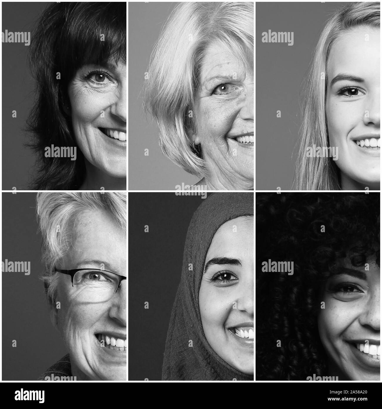 Gruppe von sechs schönen Multirassischen macht Frauen zusammen Stockfoto