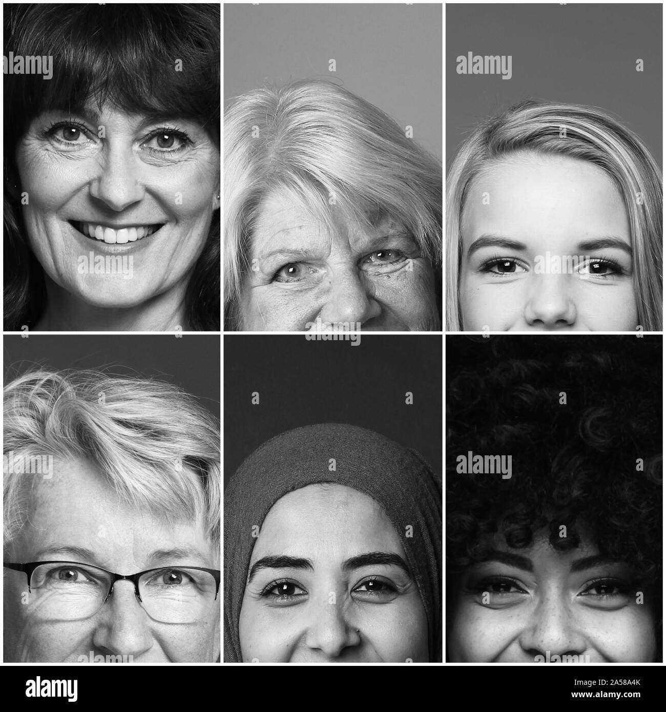 Gruppe von sechs schönen Multirassischen macht Frauen zusammen Stockfoto