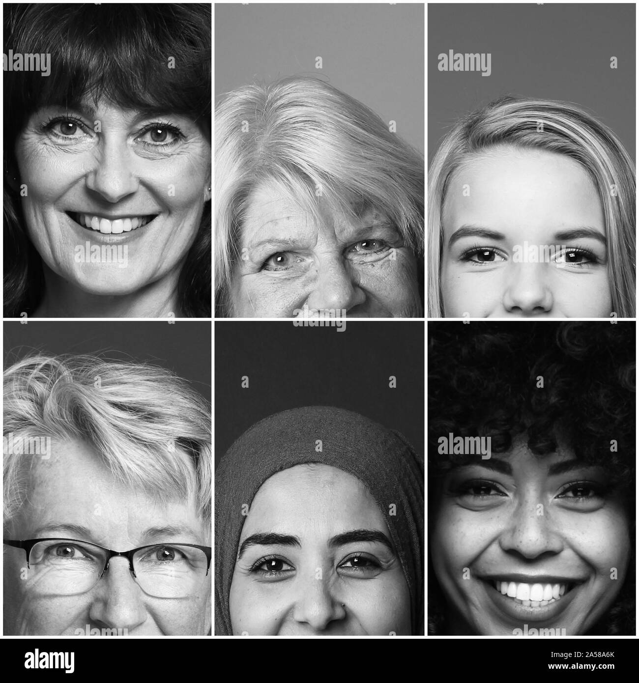 Gruppe von sechs schönen Multirassischen macht Frauen zusammen Stockfoto