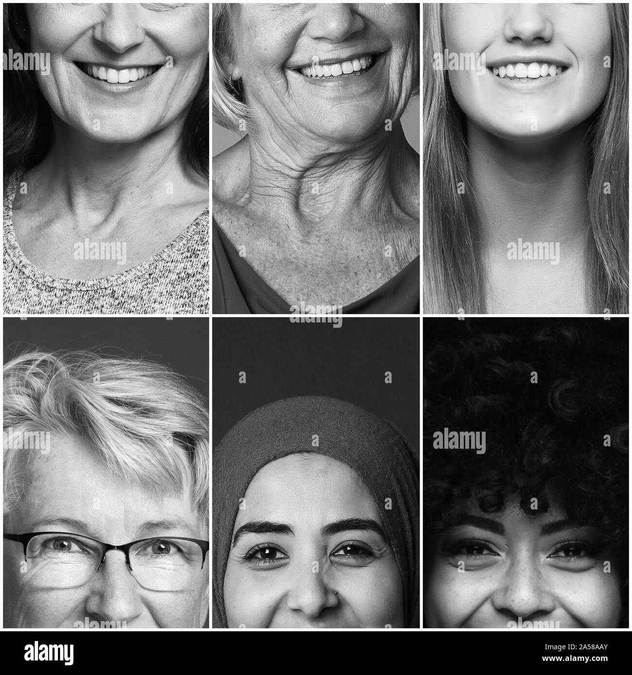 Gruppe von sechs schönen Multirassischen macht Frauen zusammen Stockfoto