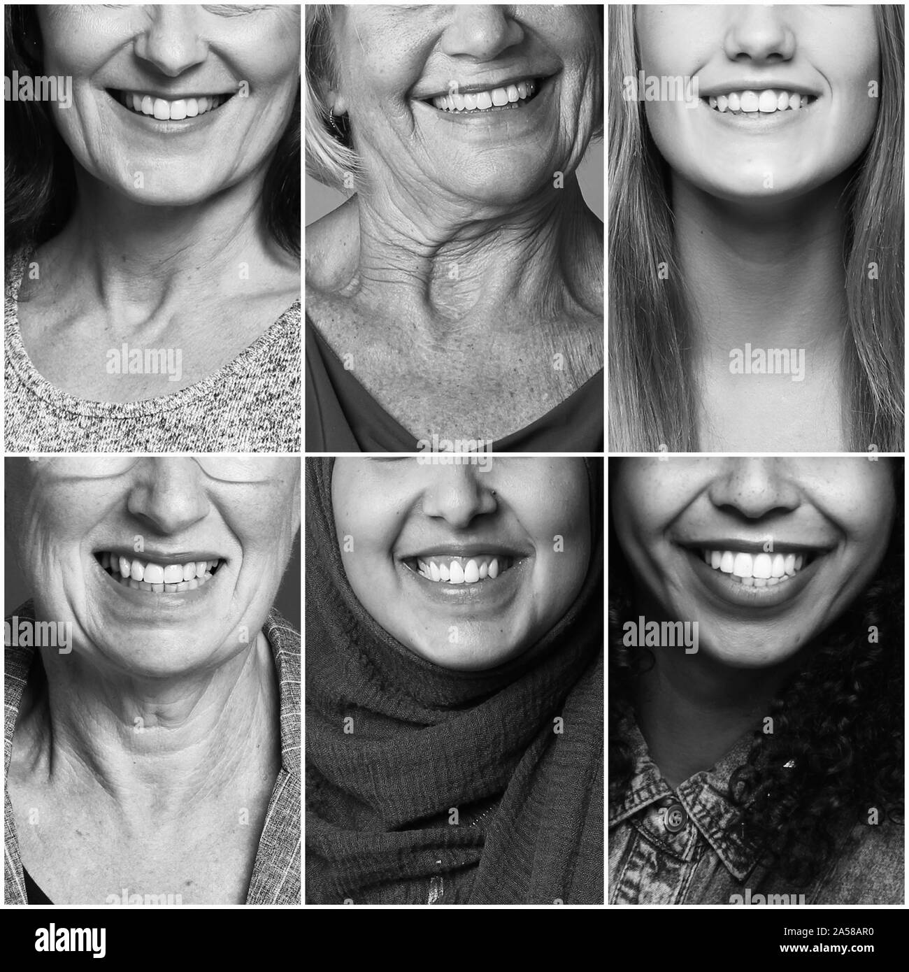 Gruppe von sechs schönen Multirassischen macht Frauen zusammen Stockfoto