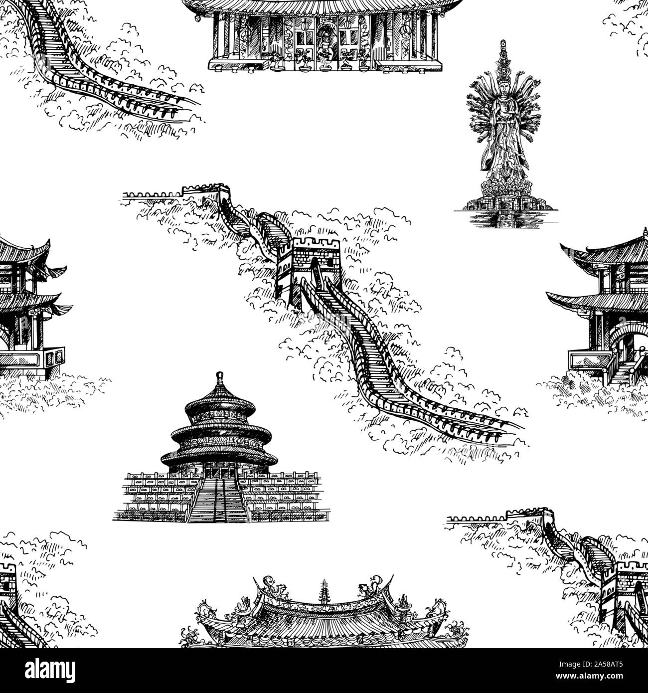 Nahtlose Muster von Hand gezeichnete Skizze stil China ähnliche Objekte auf weißem Hintergrund. Vector Illustration. Stock Vektor