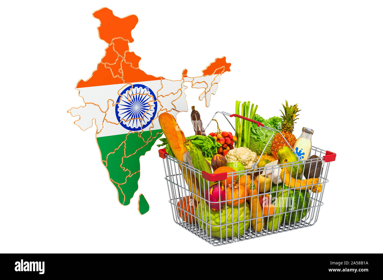 Kaufkraft und Korb in Indien Konzept. Warenkorb mit indischen Karte, 3D-Rendering auf weißem Hintergrund Stockfoto