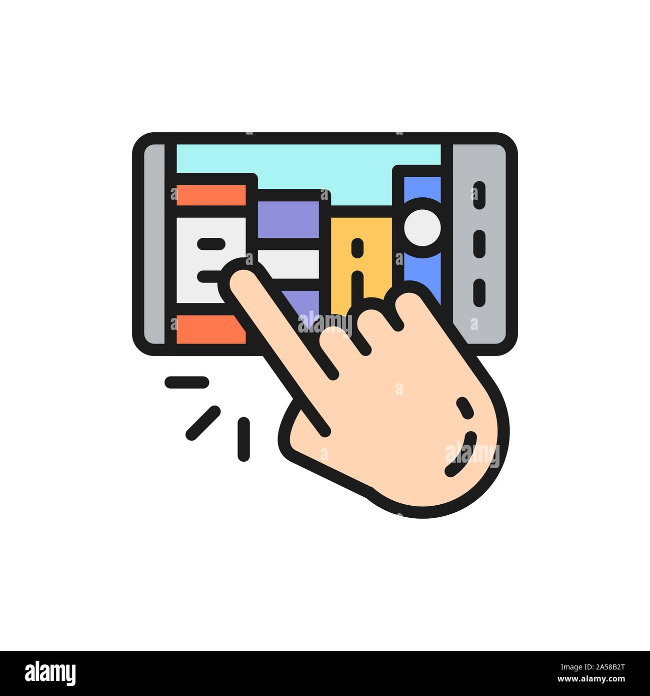Hand mit Handy, Mann wählt e-book, e-Bibliothek flachbild Color Line Symbol. Stock Vektor