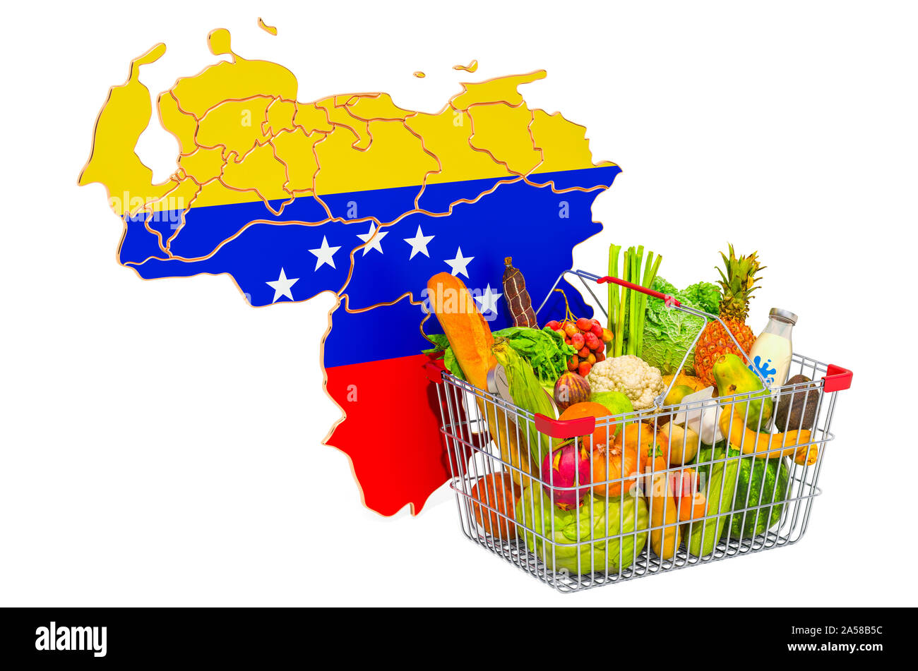 Kaufkraft und Korb in Venezuela Konzept. Warenkorb mit venezolanischen Karte, 3D-Rendering auf weißem Hintergrund Stockfoto