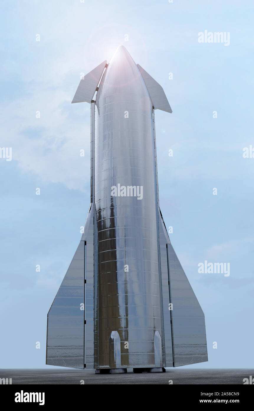 SpaceX Starship Prototyp Mk1 Rakete - Suborbital, Prototyp, SpaceX Elon Musk Unternehmen, am 30. September 2019, Boca Chica, Texas - 3D-Rendering. Stockfoto