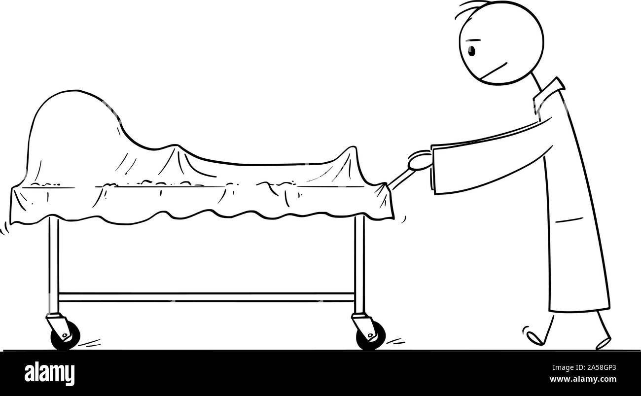 Vektor cartoon Strichmännchen Zeichnen konzeptionelle Darstellung der Arzt oder Krankenhaus ordentlich drücken Warenkorb mit abgedeckten Leiche. Stock Vektor