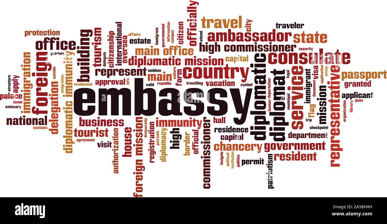 Botschaft Wort cloud Konzept. Collage aus Worten über Embassy. Vector Illustration Stock Vektor