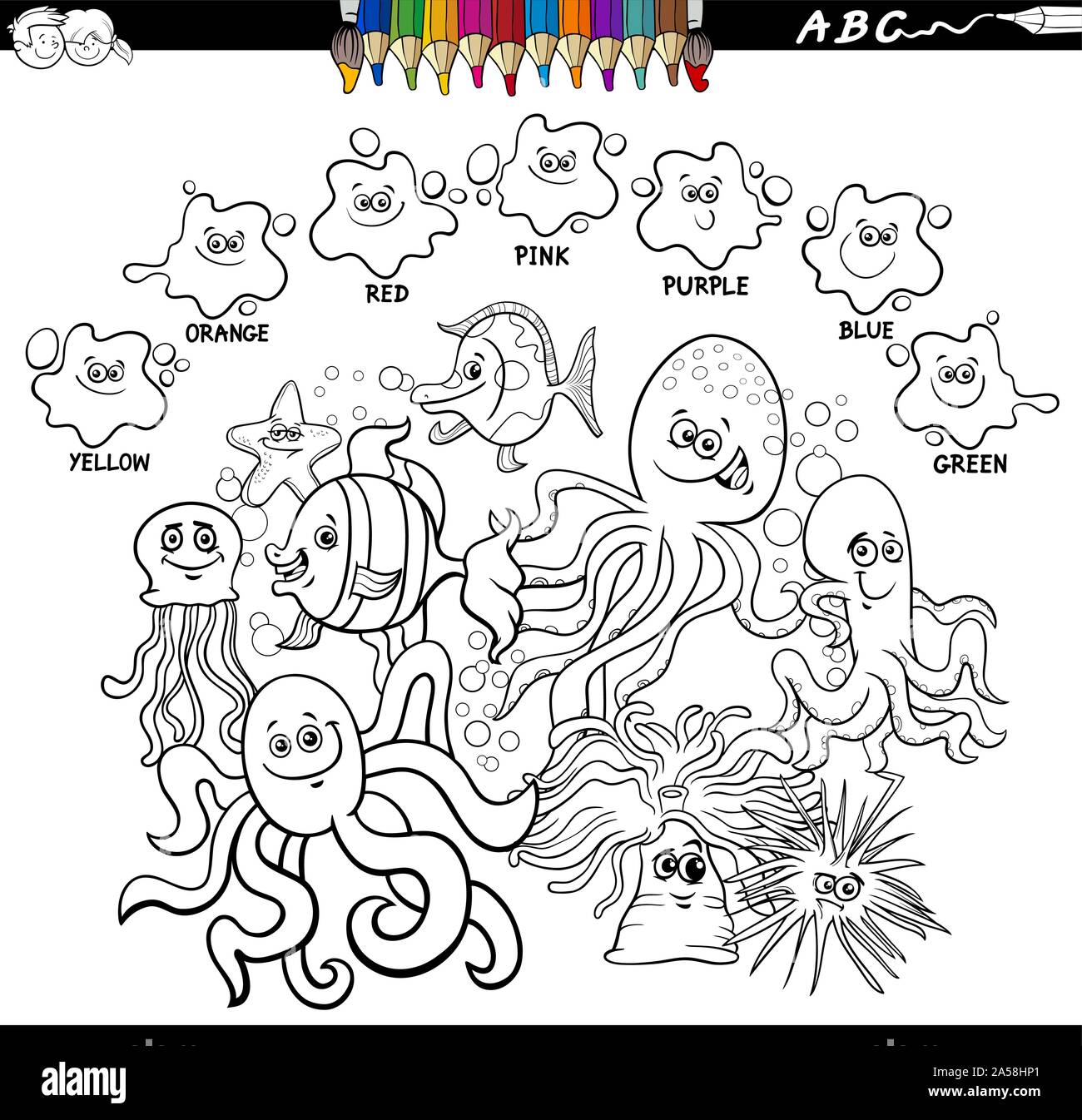 Schwarze und Weiße Cartoon Illustration der Grundfarben pädagogische Arbeitsblatt mit lustigen Sea Life Tiere Zeichen Gruppe Malbuch Seite Stock Vektor