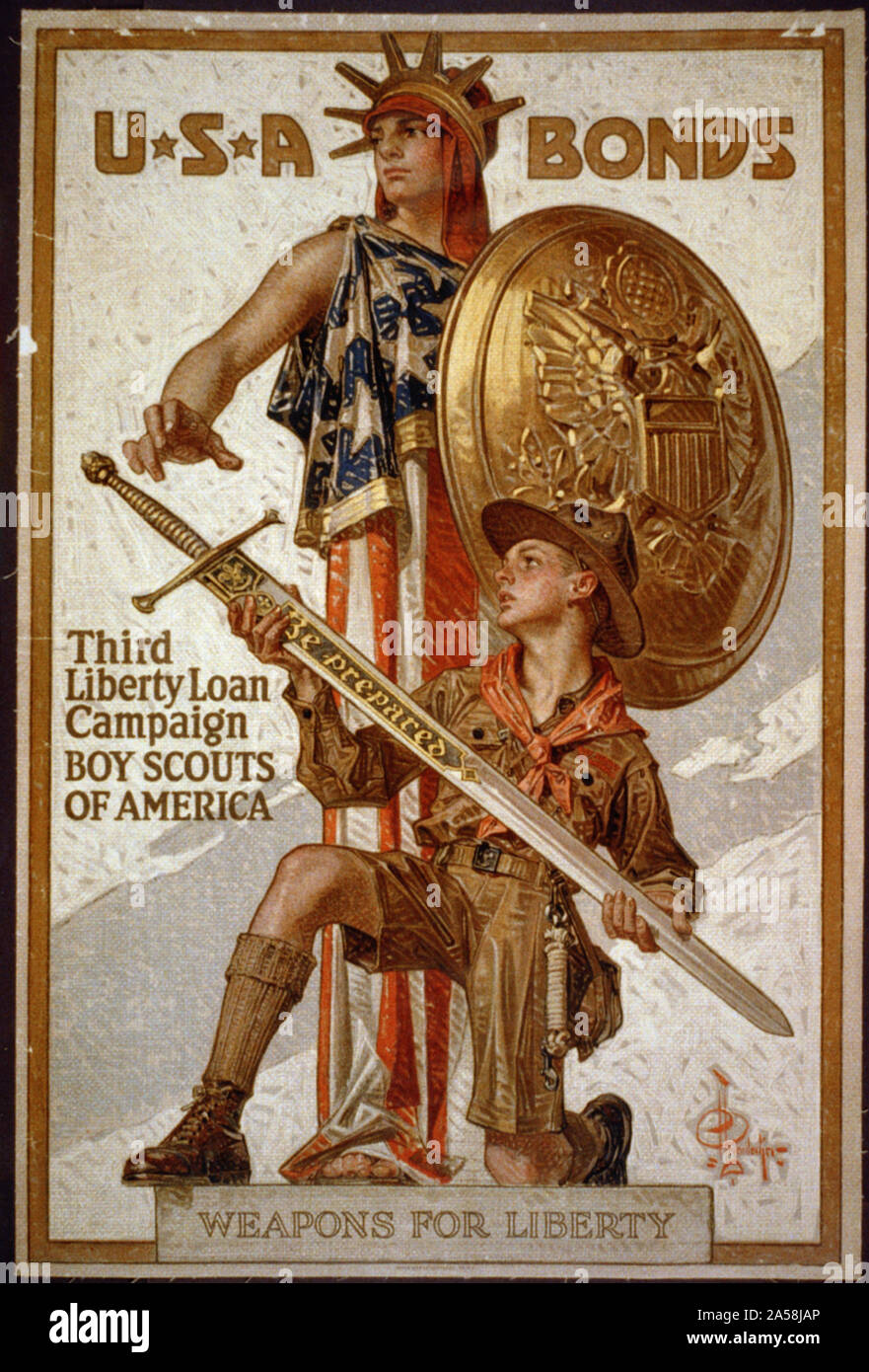 U*S*A Anleihen - Dritte Freiheit Darlehen Kampagne - Pfadfinder von Amerika Abstract: Poster Freiheit angezeigt, und ein Boy Scout Holding ein Schwert eingeschrieben, vorbereitet werden. Stockfoto