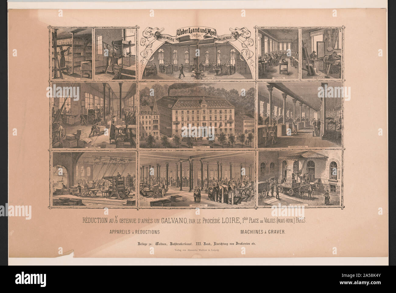 Ueber Land und Meer (deutsche Illustrierte) - Bilder von der Druckerei der Hallberger Verleger, die veröffentlicht die wöchentliche Illustrierte, sowohl der äußeren und der inneren. Gedruckt von der Leipziger Verlag Waldow. Die Gravur ist ein Beispiel aus der Zeitschrift Archiv für Buchdruckerkunst und verwandte Geschäftszweige (Archiv für die Kunst des Buchdrucks und der damit verbundenen Unternehmen) bearbeitet byby Waldow, Alexander (1834-1898), Bd. 3, 1866 veröffentlicht. Stockfoto