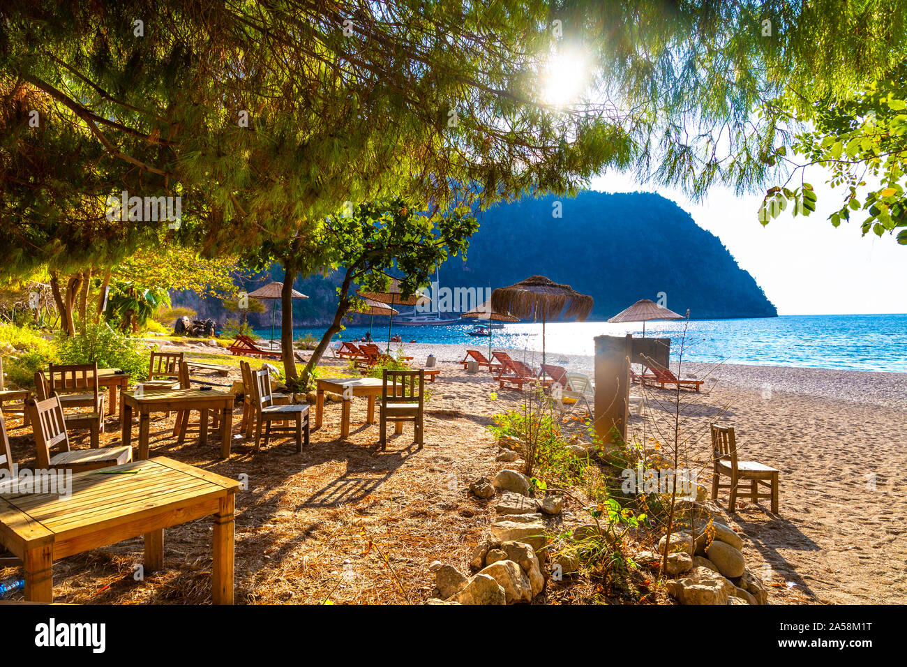 Bar mit Blick auf das Meer am Butterfly Valley, Türkische Riviera, Türkei Stockfoto