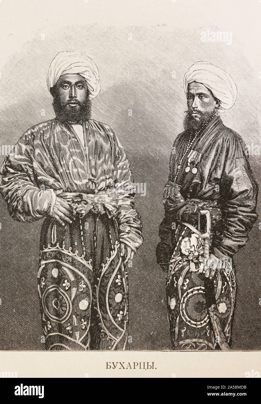 Buchara Menschen (Bewohner von Buchara, Usbekistan). Gravur des 19. Jahrhunderts. Stockfoto