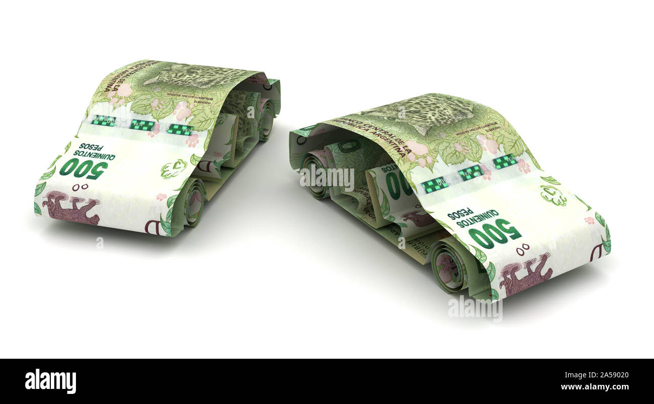 Autofinanzierung mit argentinischen Pesos (auf weißem Hintergrund) Stockfoto