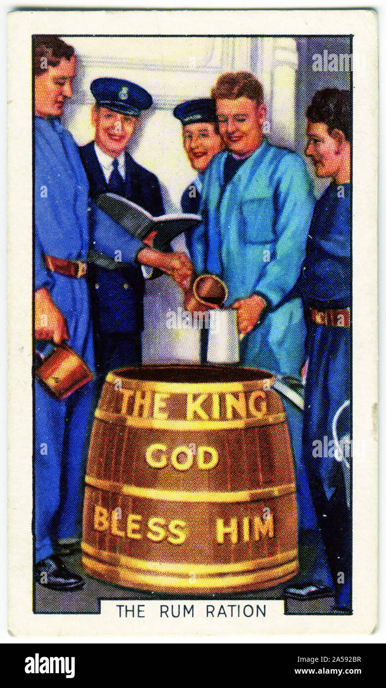 Zigarette Karte Bild des Matrosen Aufteilung der Rum ration aus einem Fass sagen Gott den König segne. Stockfoto