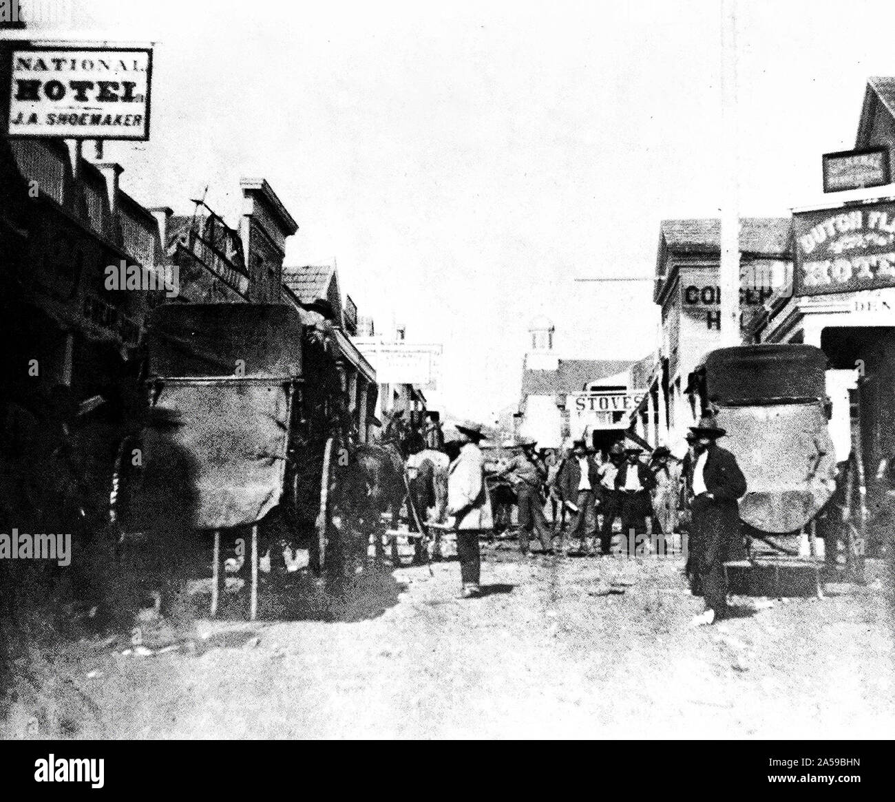 Geschichte Kaliforniens - Hauptstraße, Niederländisch Flach, Placer County Ca. 1866 Stockfoto