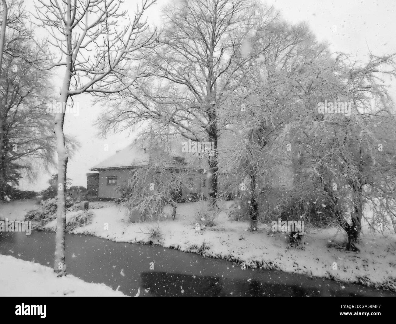 Schnee Landschaft in den Niederlanden. Ein altes Bauernhaus und die umliegenden Bäume sind mit einer dicken Schicht Schnee bedeckt. Stockfoto