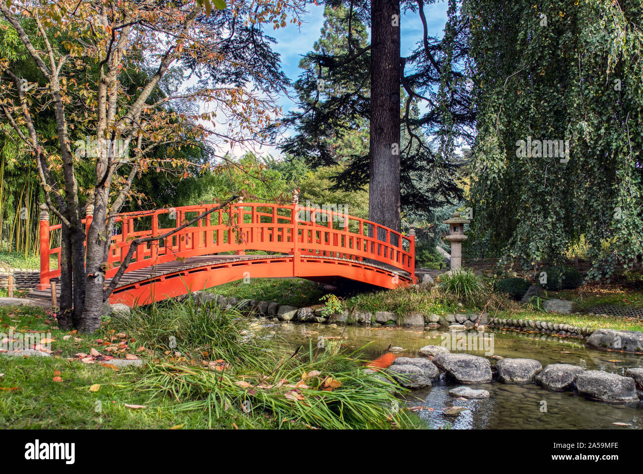 Japanische Holzbrücke in Albert Kahn Park - Paris, Frankreich Stockfoto