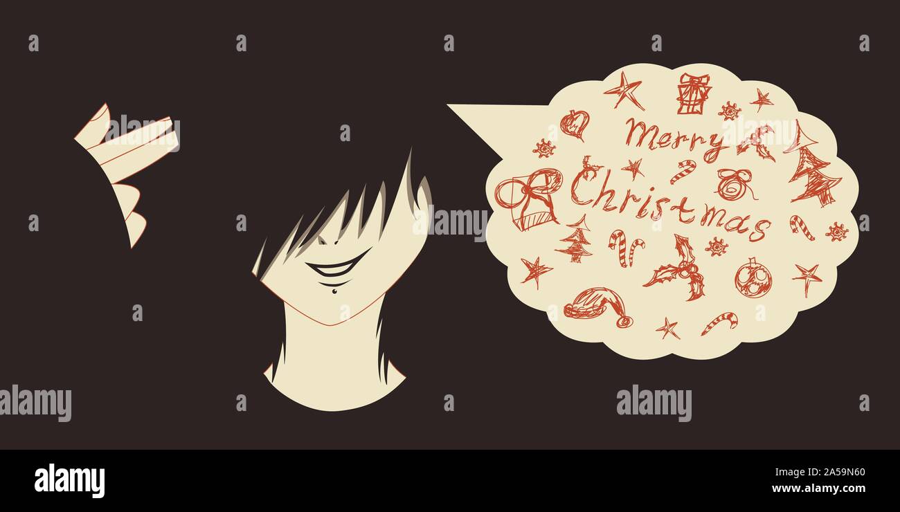 Emo Kid mit Finger Pistole und Weihnachten Symbole aus dem Kopf im Gespräch Blase kommen. Stock Vektor