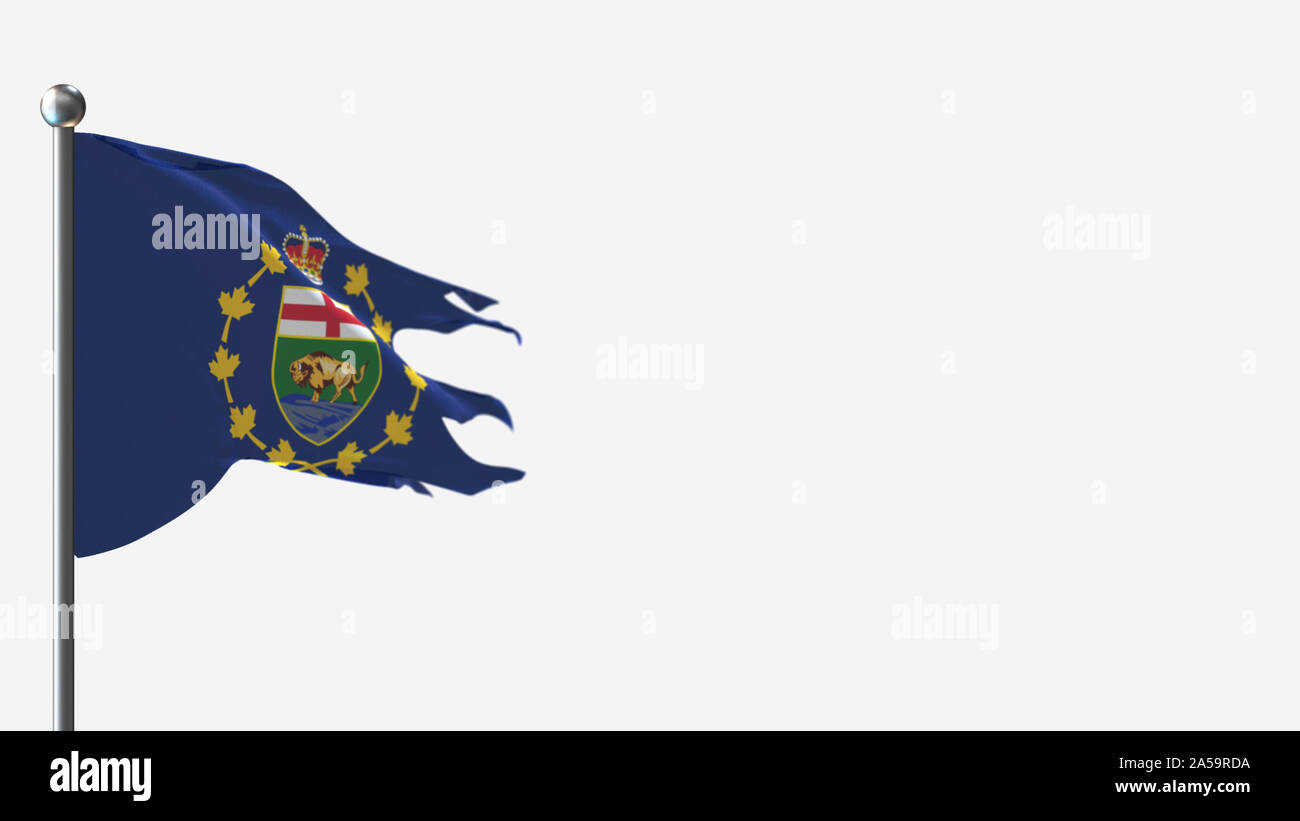 Der Vizegouverneur von Manitoba 3D tattered wehende Flagge Abbildung auf der Fahnenstange. Perfekt für Hintergrund mit Platz auf der rechten Seite. Stockfoto