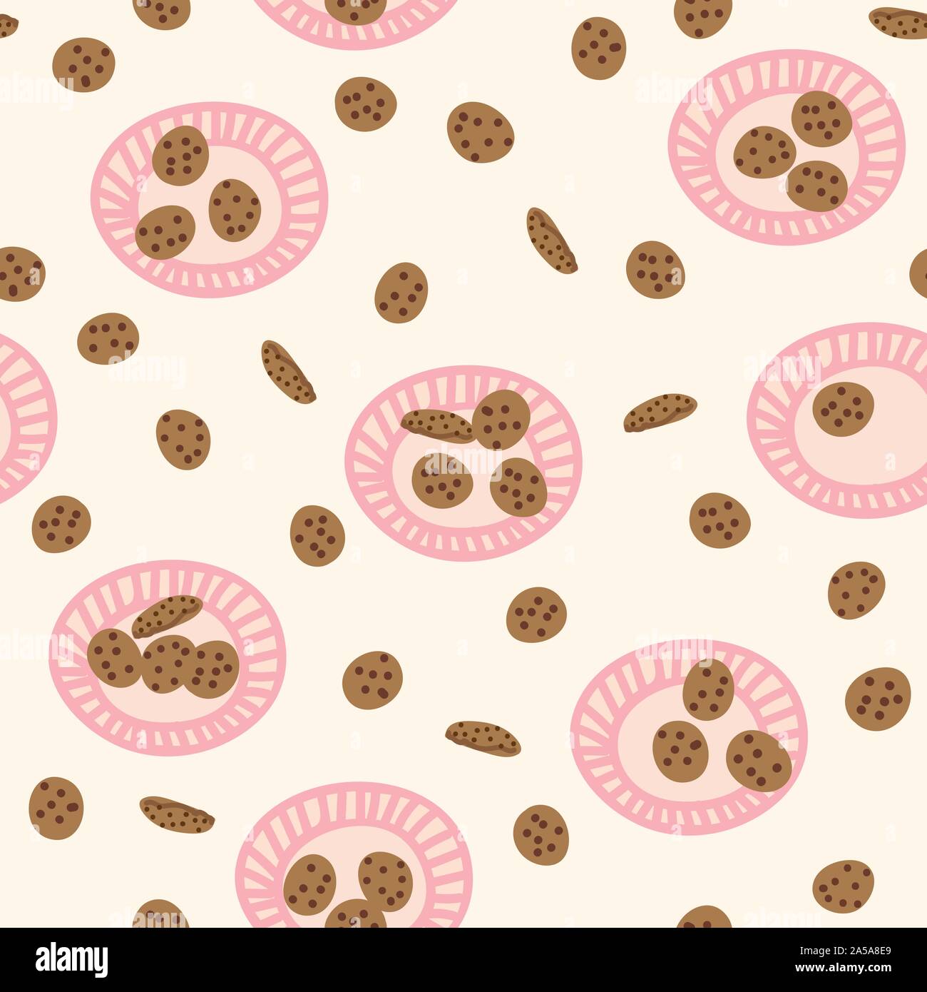 Die nahtlose Vektor Muster mit rosa Platten und Milk Chocolate Chip Cookies auf einen hellen Hintergrund Stock Vektor