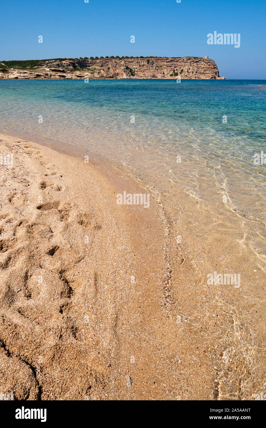 Spiaggia Sa Mesa Longa/Sa mesa Longa Beach und Capo Mannu Kap Halbinsel Sinis Sardinien, Italien Europa. Stockfoto