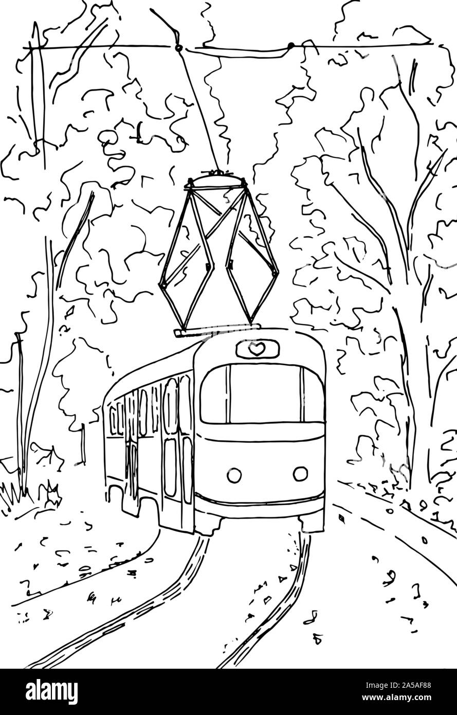 Die Retro-Straßenbahn fährt entlang der Strecke durch den Herbstwald. Handgezeichnete Straßenbahn. Skizze. Vektor, Illustration. Stock Vektor