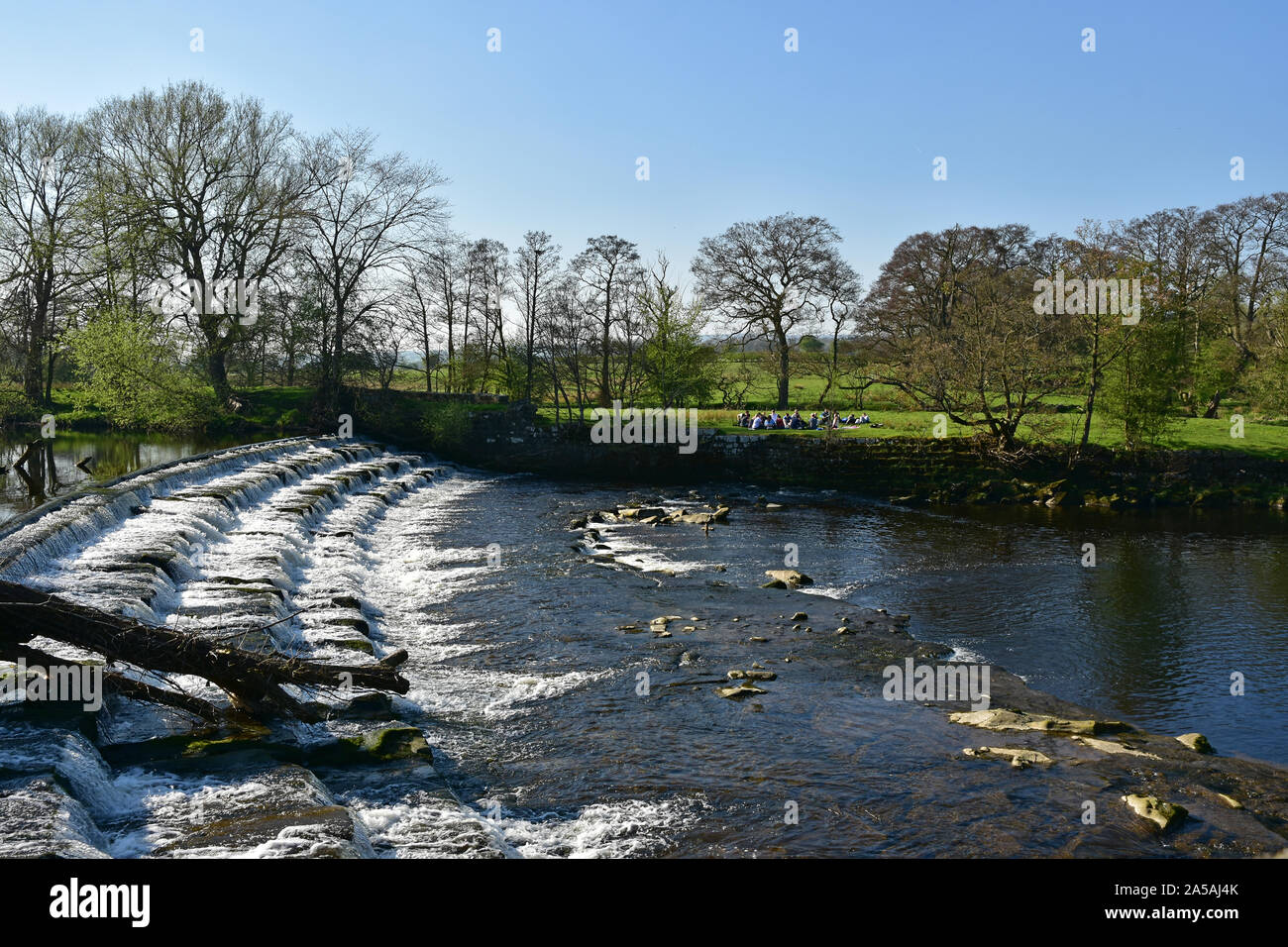 River Wharfe und Wehr bei Burley in Bösingen, Yorkshire Stockfoto