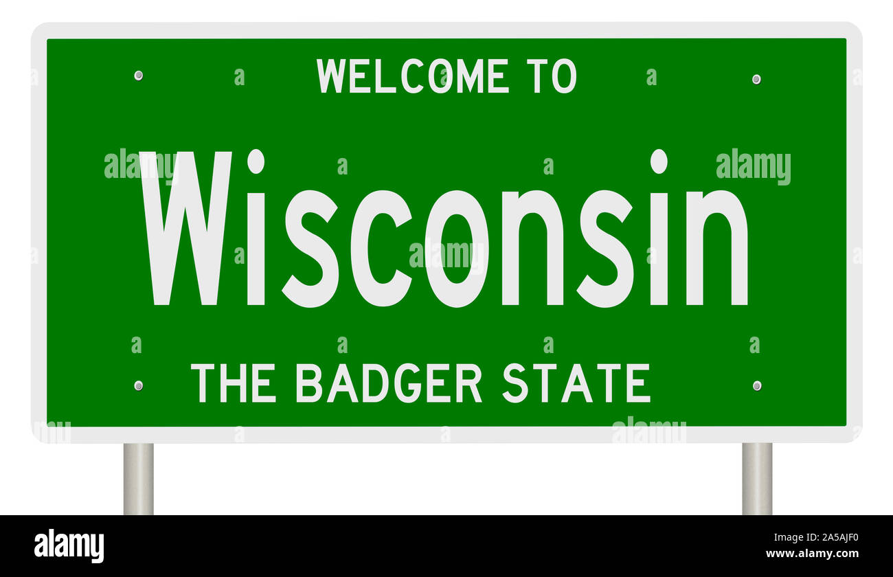 Rendering von einem grünen 3d Autobahn Zeichen für Wisconsin Stockfoto