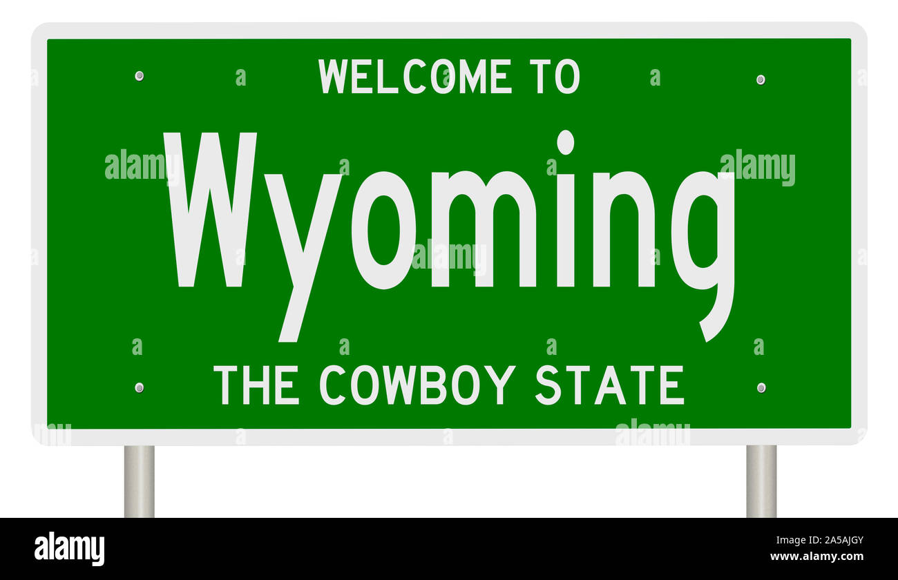 Rendering von einem grünen 3d Autobahn Zeichen für Wyoming Stockfoto