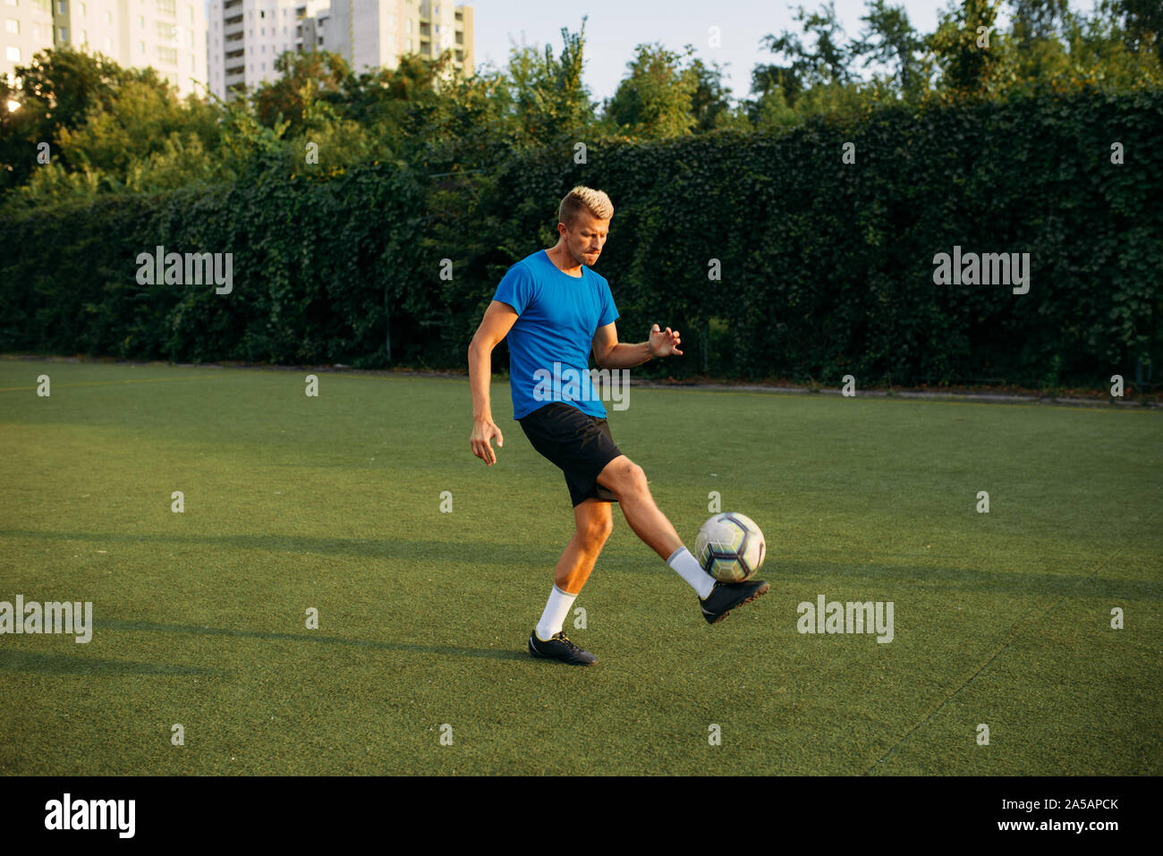 Männliche Fußballspieler mit Ball stehend auf Linie Stockfoto