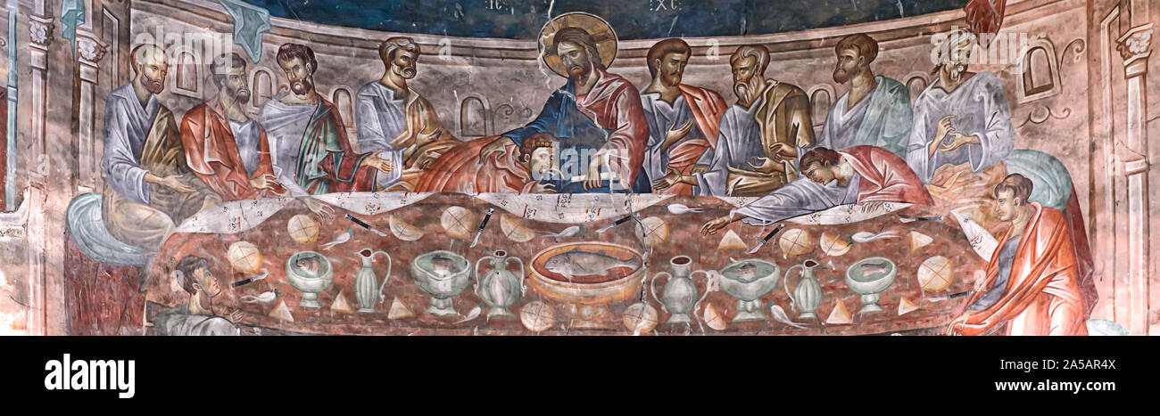 Das letzte Abendmahl, Fresko in der zentralen Kuppel der Basilika im St. George Kloster, Ubisa, Imereti, Georgien Stockfoto