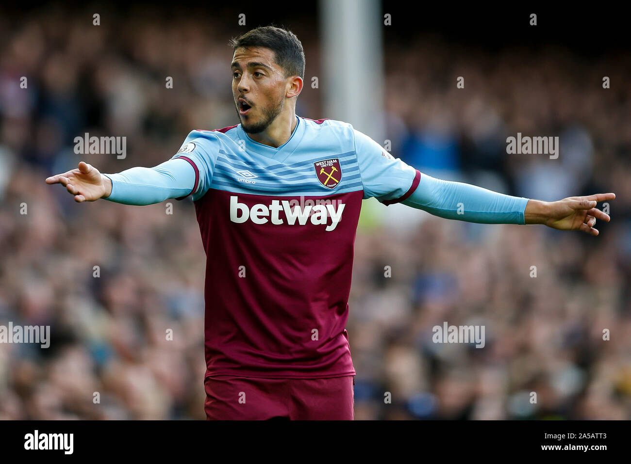 Liverpool, Großbritannien. Okt, 2019 19. Pablo Fornals von West Ham United in der Premier League Match zwischen Everton und West Ham United im Goodison Park am 19. Oktober 2019 in Liverpool, England. (Foto von Daniel Chesterton/phcimages.com) Credit: PHC Images/Alamy leben Nachrichten Stockfoto