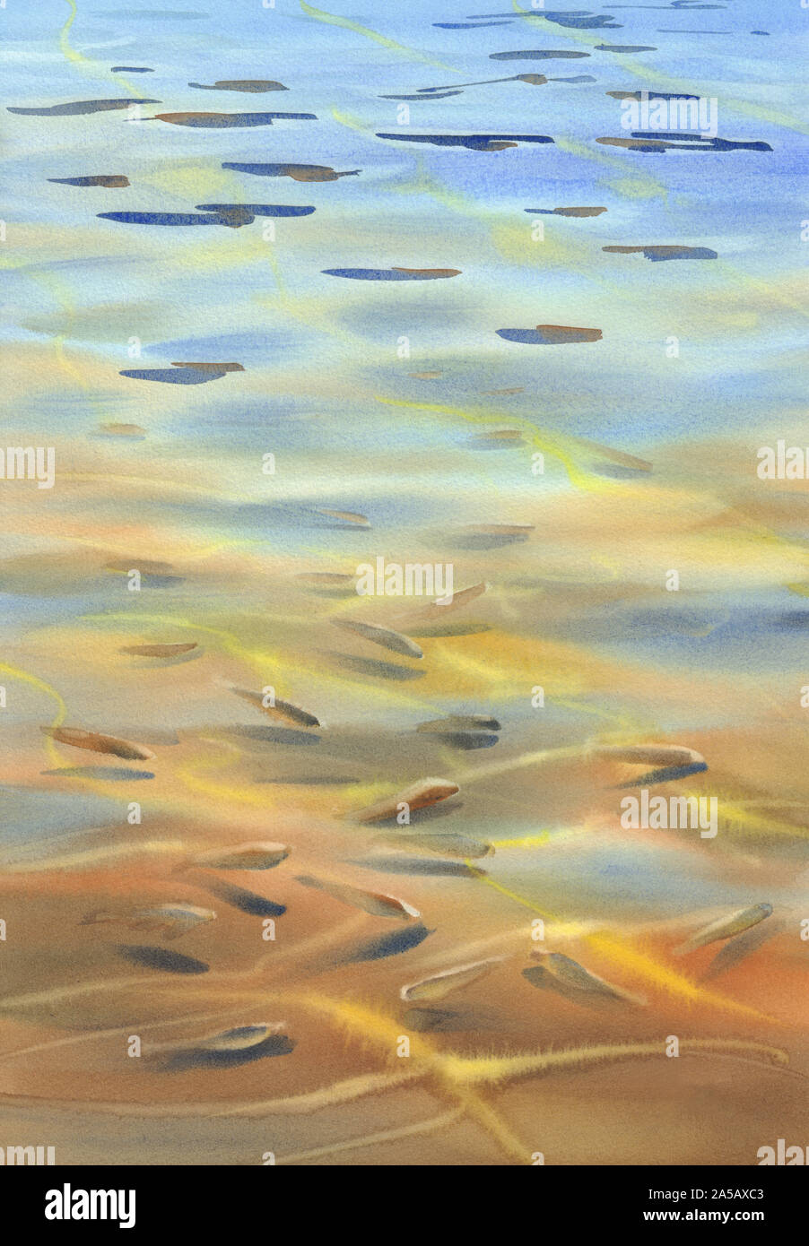 Sonnig mit transparenten Wellen und Fische Aquarell Hintergrund. Zusammenfassung Hintergrund Stockfoto