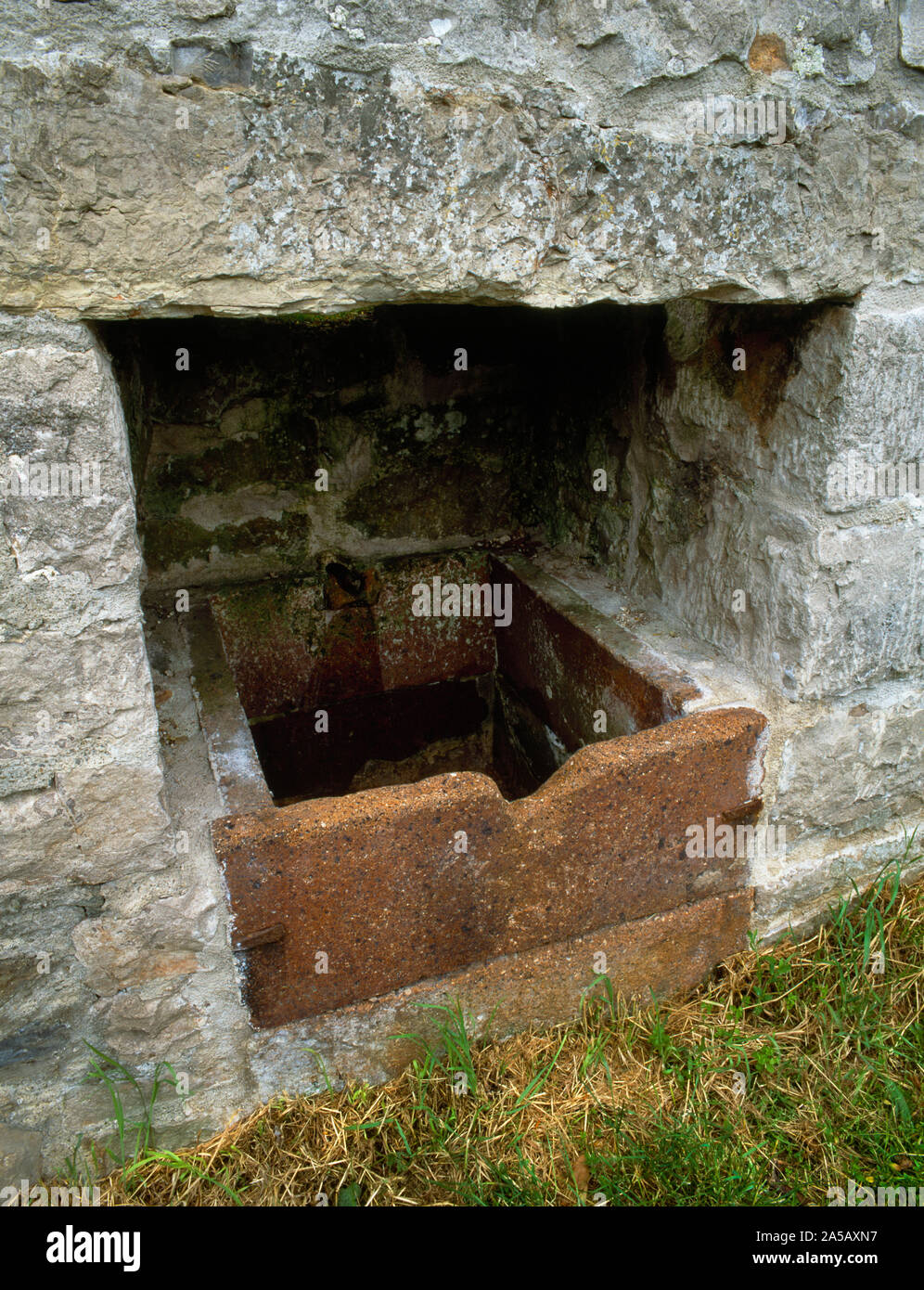 Tier trinken Trog, Cwm; Denbighshire; Wales; GROSSBRITANNIEN; ursprünglich Teil des heiligen Brunnen, entnommen und in das ehemalige Pfarrhaus Garten Wand gesetzt. Stockfoto