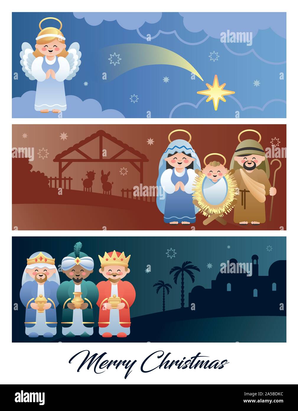 Frohe Weihnachten. Weihnachten Krippe mit der Heiligen Familie, die Engel und die Heiligen Drei Könige. Niedliche Comicfiguren. Vector Illustration. Stock Vektor