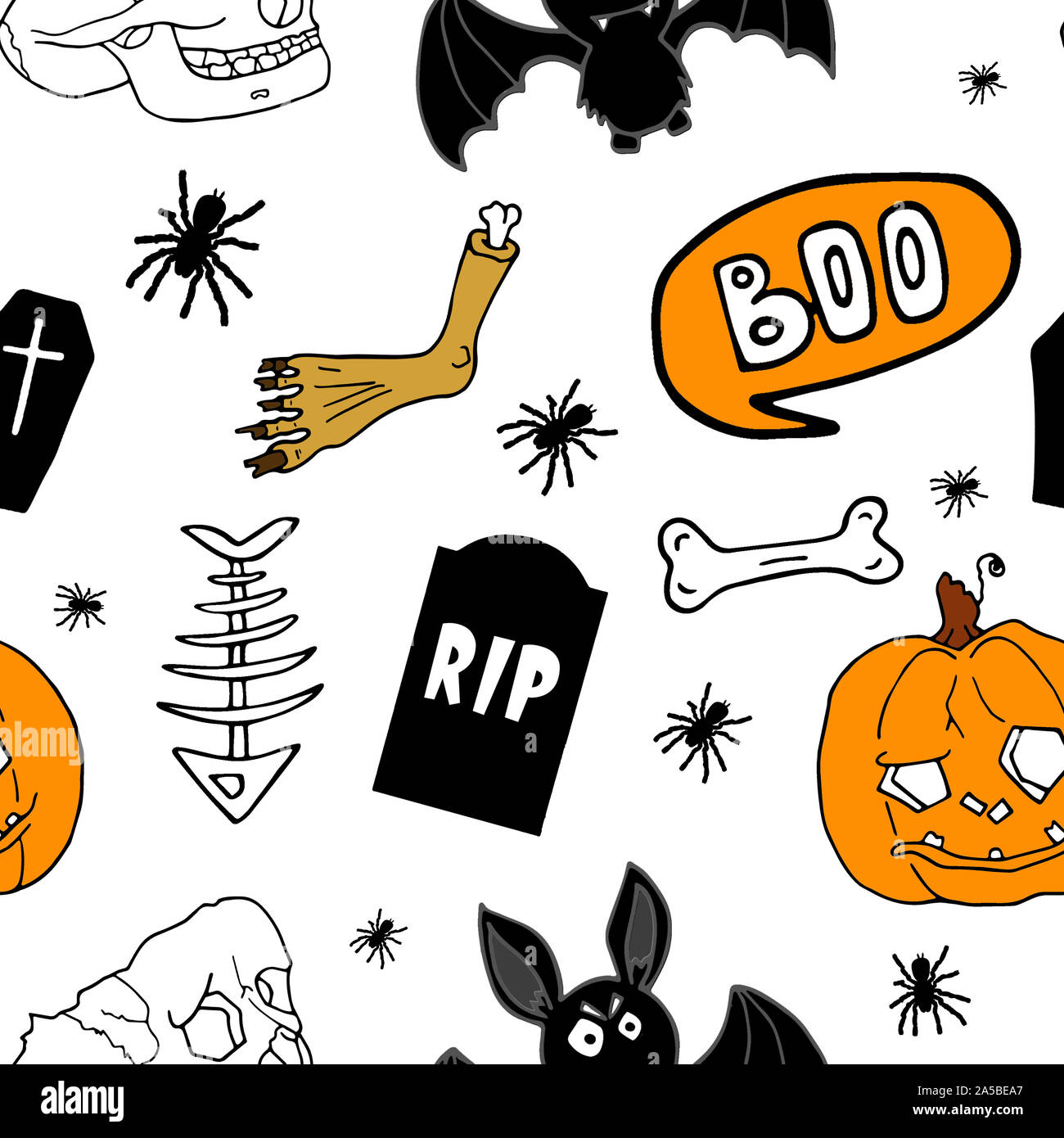 Halloween festliche nahtlose Muster. Weiße endlose Hintergrund mit Kürbissen, Schädel, Fledermäuse, Spinnen, Knochen und Sprechblase mit Buh. Stockfoto