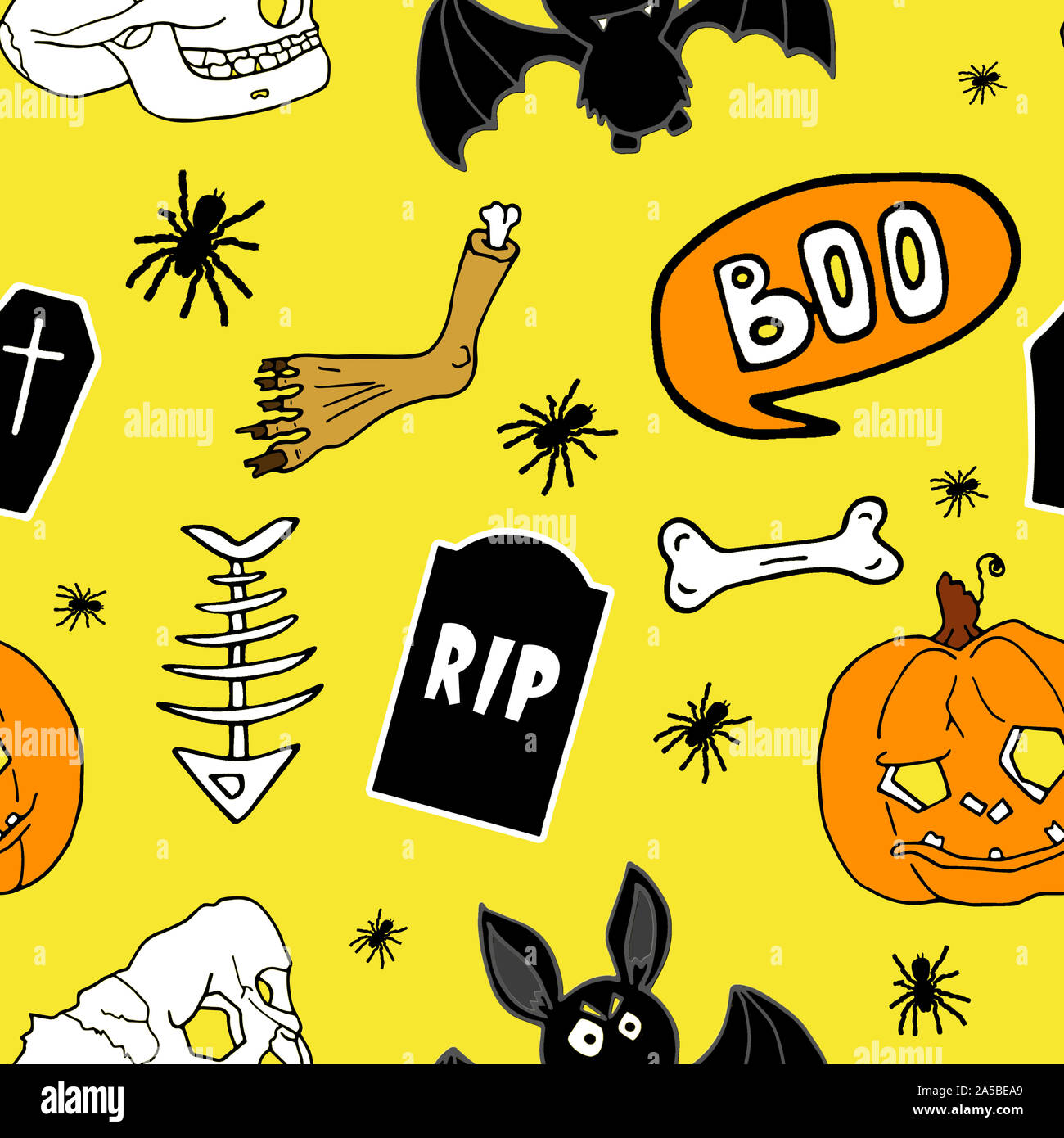 Halloween festliche nahtlose Muster. Gelbe endlose Hintergrund mit Kürbissen, Schädel, Fledermäuse, Spinnen, Knochen und Sprechblase mit Buh. Stockfoto