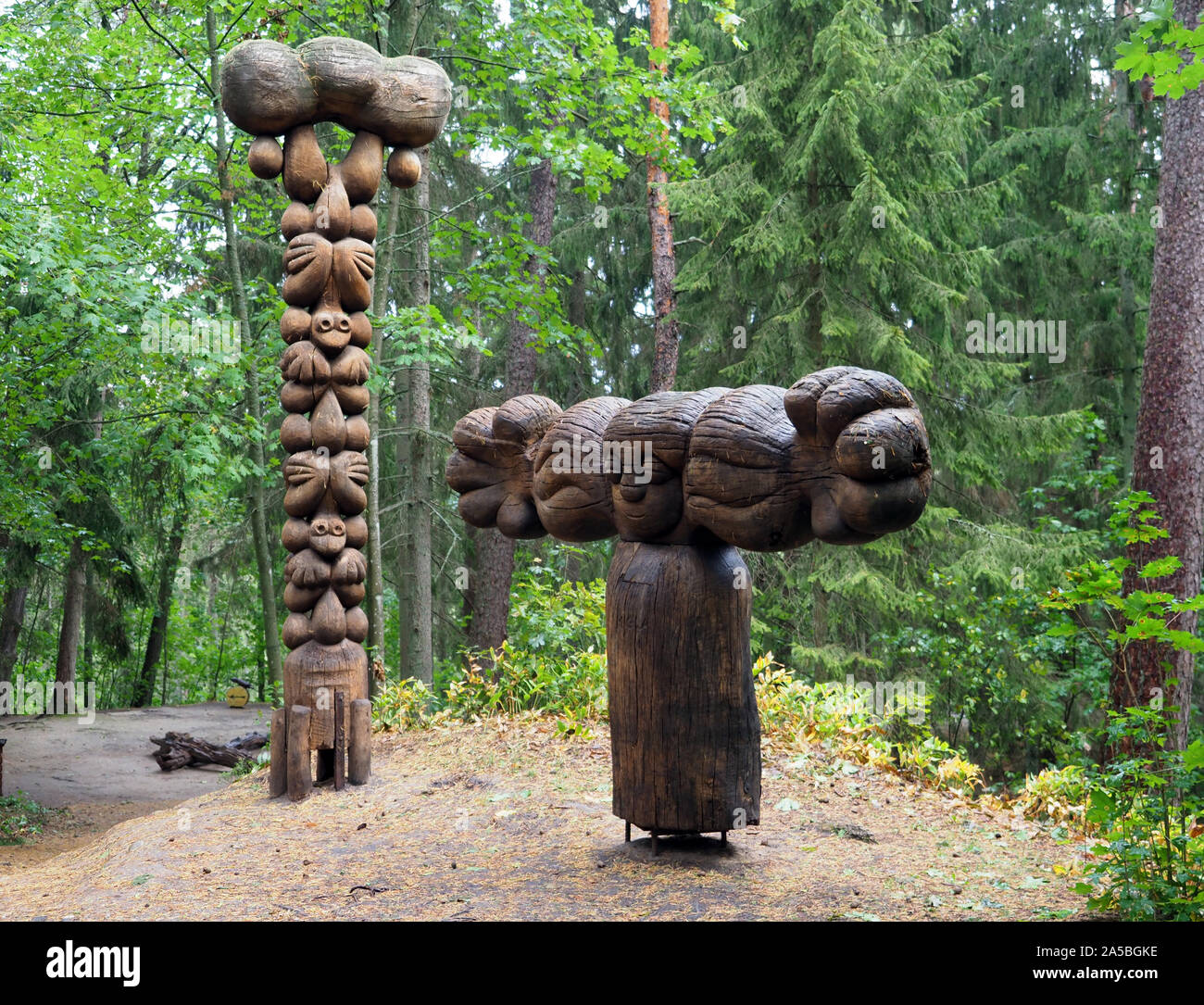 Holzskulpturen, Hexe Berg in Juodkrante, Kuroeiu Nerija Nationalpark auf der Kurischen Nehrung in Litauen Stockfoto