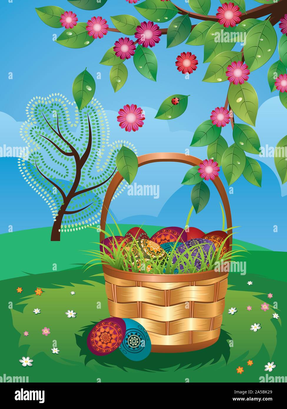 Wicker Ostern Korb mit bunten Eiern auf den grünen Rasen. Stock Vektor