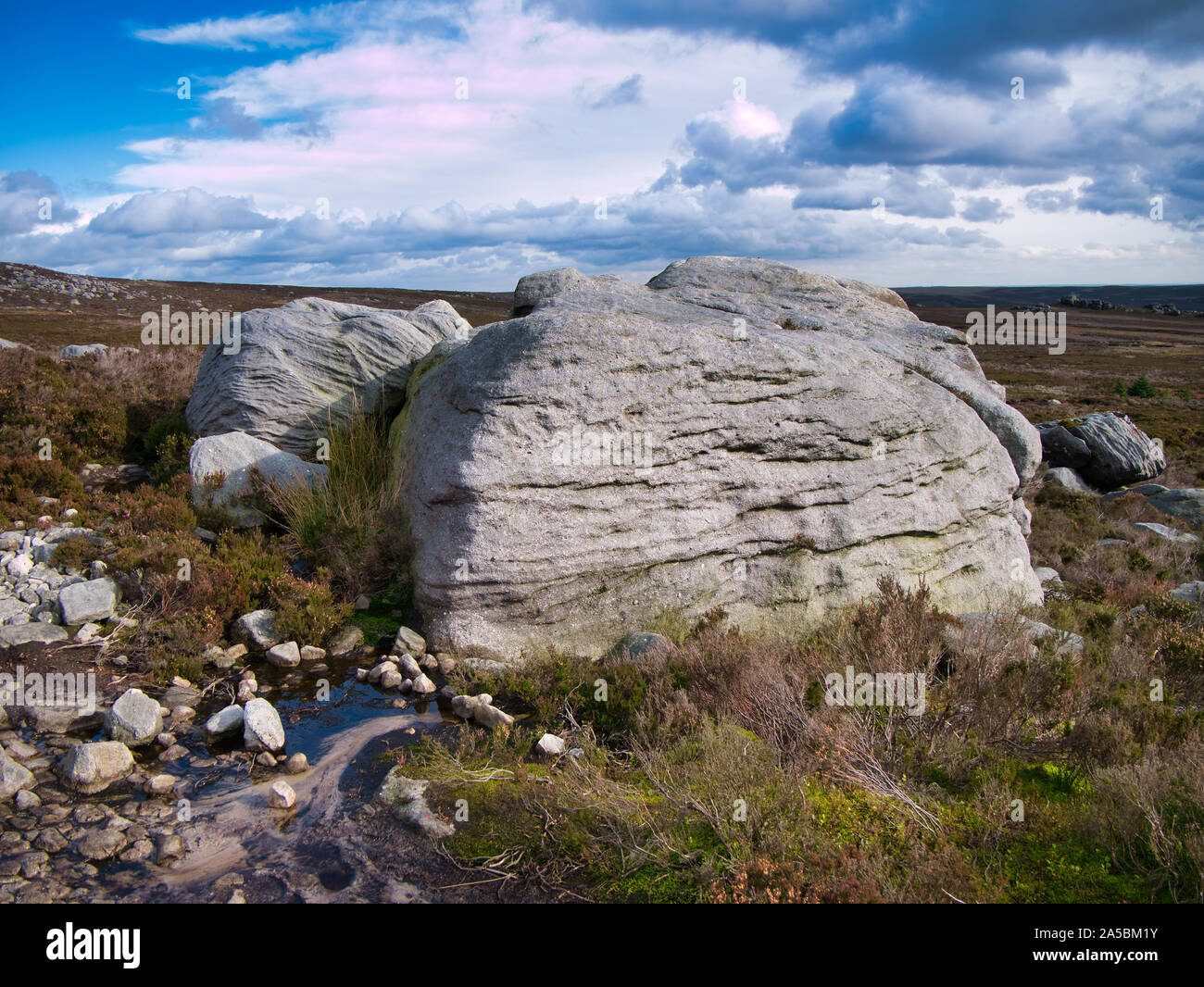 Erodiert Mühlstein Felsbrocken in der Nähe von Simon's Seat auf Barden fiel in den Yorkshire Dales, England, Großbritannien - an einem sonnigen Tag im Herbst, mit Moor Heather Stockfoto