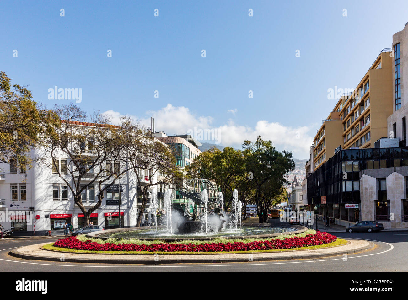 Rotunde de Infante, einen Kreisverkehr mit Springbrunnen und rote Blumen in Funchal, Madeira, Portugal Stockfoto